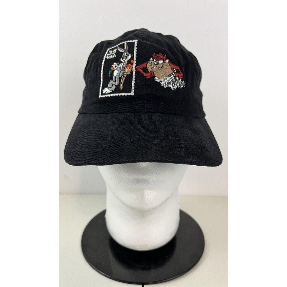 Vintage Looney Tunes Stamp Collection Bugs Taz Hat Cap Snapback Black Mens USA